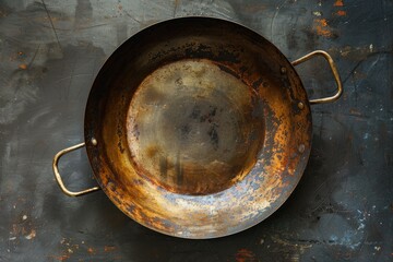 old copper pan with two handles is lying on a dark background
