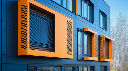 Poster - The building has orange and blue windows with a mesh design. The windows are on the side of the building and are open