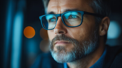 Poster - A man with glasses looking at a computer screen. Concept of focus and concentration as the man stares intently at the screen