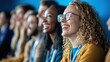 © Business Pics - Close up picture of a happy and laughing staff or participant people group listening to a startup business owner at a trade show exhibition event. Generative AI.