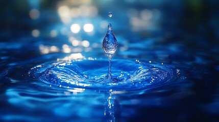 Poster - Artistic representation of a crystalclear water droplet suspended in the air about to fall into a deep blue ocean symbolizing the importance of water conservation for World Water Day