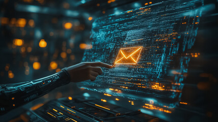 Poster - A person is pointing at an email on a computer screen. The email is orange and he is important