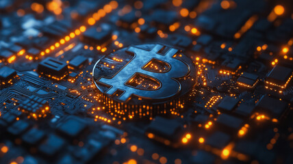 A computer chip with a Bitcoin on it. The Bitcoin is surrounded by a glowing blue and orange background