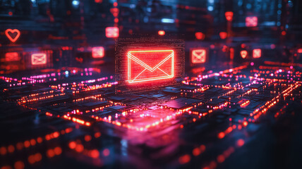 Poster - a computer screen with a red envelope on it. the envelope is surrounded by other red lights and the 