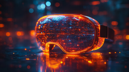 Poster - A pair of orange goggles with a city reflected in the lenses. The goggles are illuminated with a bright orange light, creating a surreal and otherworldly atmosphere