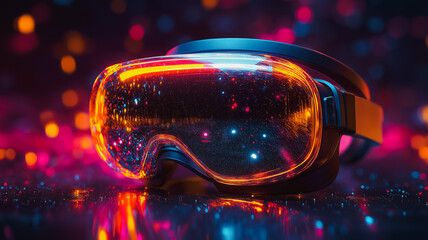 Aufkleber - A pair of virtual reality goggles with a glowing lens. The goggles are surrounded by a colorful background, giving the impression of a futuristic or sci-fi setting
