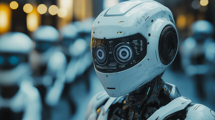 Poster - A robot with a white helmet stands in front of a group of robots. The scene is futuristic and the robots appear to be in a line