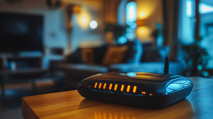 Poster - A black box with a yellow light on it sits on a wooden table. The box is a Wi-Fi router and the yellow light indicates that it is currently online. The room is dimly lit, giving it a cozy