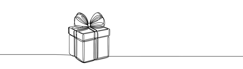 Wall Mural - Single drawing with a continuous line on a white background. Gift box with bow, holiday and Christmas concept