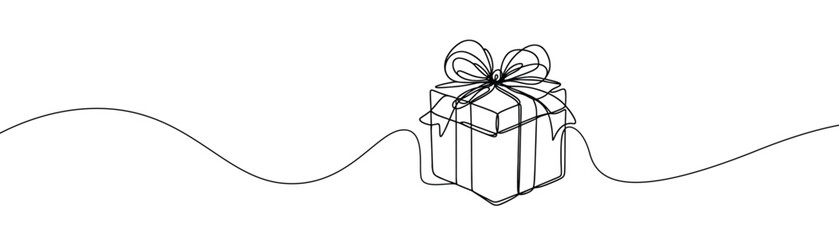 Wall Mural - Single drawing with a continuous line on a white background. Gift box with bow, holiday and Christmas concept