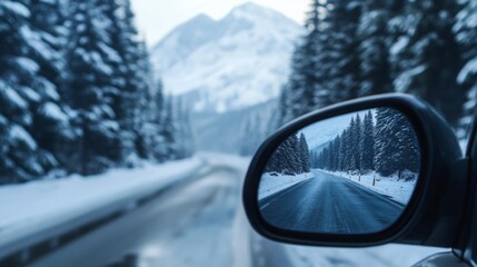 Poster - A winding road cuts through a winter landscape, flanked by snow-covered trees and majestic mountains.