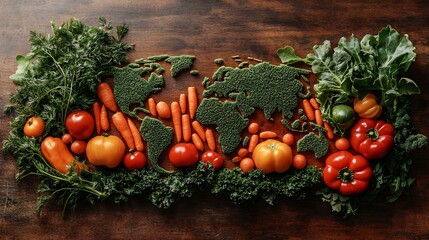 Poster - Artistic representation of a world map crafted from an array of fresh vegetables celebrating vegan day with carrots bell peppers and greens forming continents on a wooden table