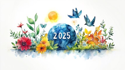 Poster - Artistic representation of a World Earth Day banner showcasing 2025 prominently surrounded by illustrations of nature and ecofriendly symbols on a clean white background for a fresh look