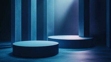 Poster - The image features two circular platforms in front of a wall of blue pillars. The platforms are made of the same material as the pillars, a smooth, dark blue.