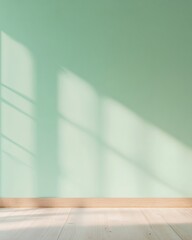 Aufkleber - Minimalist Grocery Store Advertisement Poster with Soft Pastel Green Wall and Wooden Floor in Subtle Light
