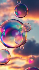 Poster - iridescent soap bubbles floating against dramatic sunset sky, dreamlike atmosphere