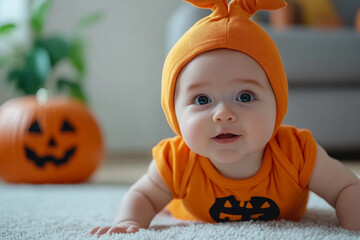 Cute baby celebrating Halloween time made with generative ai technology