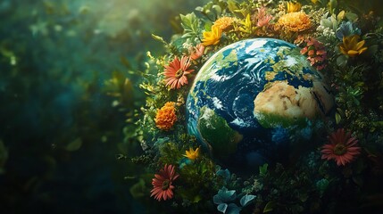 Poster - Artistic representation of Mother Earth surrounded by vibrant nature showcasing diverse flora and fauna This image embodies the essence of World Environment Day and the beauty of our planet