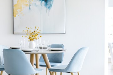 Modern dining room, abstract wall art, yellow flowers, blue chairs, bright and airy, elegant decor