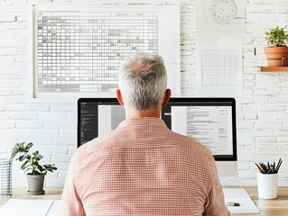 Poster - Focused Senior Man in Minimalist Home Office Using Dual Monitors for Remote Work