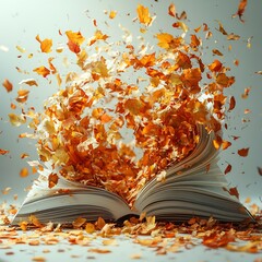 Poster - Artistic splash of autumn leaves swirling around a white blank book in midair creating a lively and inviting atmosphere perfect for reflecting on stories during World Book Day