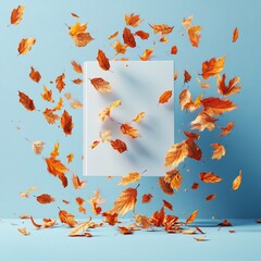 Poster - Artistic splash of autumn leaves swirling around a white blank book in midair creating a lively and inviting atmosphere perfect for reflecting on stories during World Book Day
