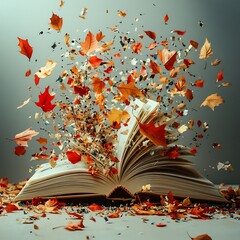 Poster - Artistic splash of autumn leaves swirling around a white blank book in midair creating a lively and inviting atmosphere perfect for reflecting on stories during World Book Day