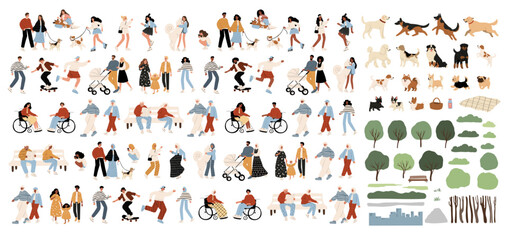 vector illustration showcases ethnic diversity with individuals and their furry companions among tre