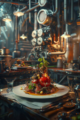 Illustrate a dystopian scene through the lens of culinary arts, focusing on the intricate details of a dish in a digital rendering technique Incorporate unexpected camera angles to create a visually s