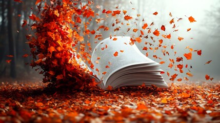 Poster - Artistic splash of autumn leaves swirling around a white blank book in midair creating a lively and inviting atmosphere perfect for reflecting on stories during World Book Day