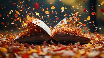 Poster - Artistic splash of autumn leaves swirling around a white blank book in midair creating a lively and inviting atmosphere perfect for reflecting on stories during World Book Day