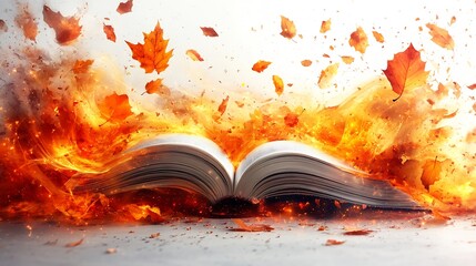 Poster - Artistic splash of autumn leaves swirling around a white blank book in midair creating a lively and inviting atmosphere perfect for reflecting on stories during World Book Day