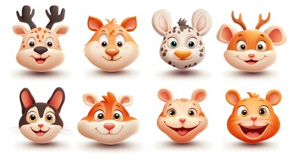 Cute cartoon animal avatars, white background, avatar set