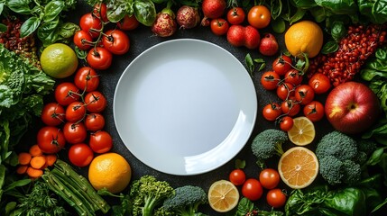 Poster - Artistic topdown view of seasonal vegetables and fruits artfully placed around a blank plate on a clean white paper background representing the essence of World Food Day and plantbased diets