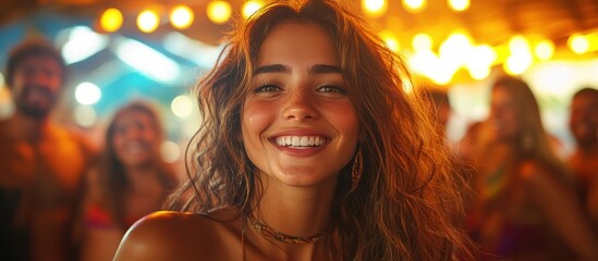 Wall Mural - Closeup portrait of a young woman smiling at the camera. She is surrounded by her friends and the atmosphere is casual and fun.