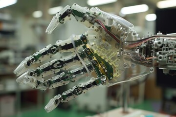 Poster - Transparent robot hand showing complex mechanics and wiring is ready for assembly in a high tech r and d facility
