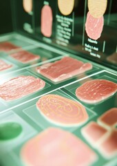 Aufkleber - Futuristic Food Technology Laboratory with Cultured Meat Samples under Digital Screens Showcasing Sustainability Data