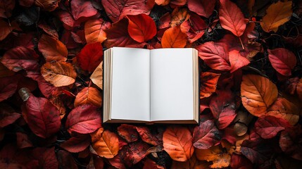 Poster - Autumn flat lay scene featuring vibrant red and orange leaves surrounding a white blank book evoking the cozy feeling of fall and the joy of reading perfect for World Book Day