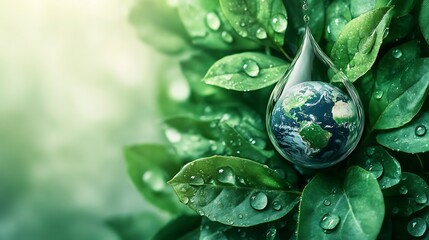 Fototapete - Ecothemed design of a water drop holding the planet Earth surrounded by vibrant green leaves with a crisp white backdrop highlighting World Water Day awareness and space for sustainability text
