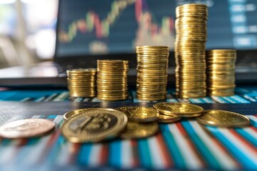 Poster - Stacks of gold coins are getting higher representing increasing profits on financial report with laptop showing graph in background