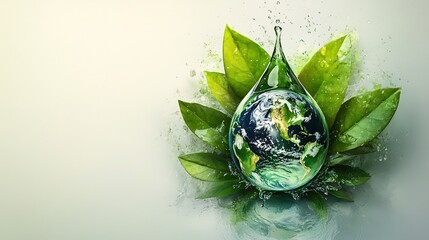 Poster - Ecothemed design of a water drop holding the planet Earth surrounded by vibrant green leaves with a crisp white backdrop highlighting World Water Day awareness and space for sustainability text