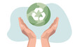 © HONGWEI - Sustainability, ecology or renewable energy to save the world from climate change or global warming, environmental safe or recycle concept, hands holding sustainable green world with recycle symbol.