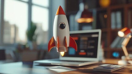 Rocket launch from laptop on office table to fly up in air. Business startup new idea project development, internet marketing strategy growth, future product progress on a website, speed power boost