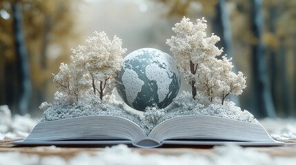 Poster - Elegant 3D rendering for World Book Day featuring a clean white background with an open book displaying a tiny globe and abstract trees symbolizing the blend of knowledge and nature