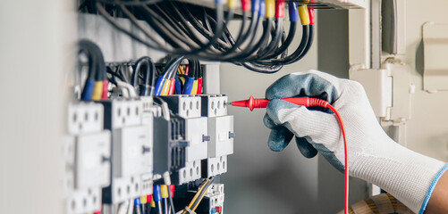 Electrical engineer inspects electrical control equipment