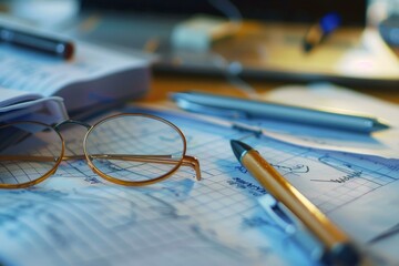 Poster - round eyeglasses are laying on a financial report with pens, suggesting an accountant is reviewing t