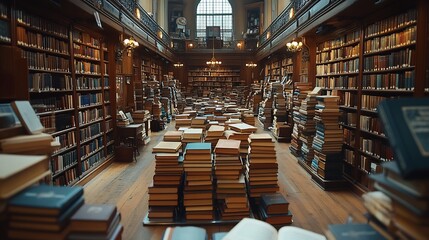 Poster - Elegant library setup for World Book Day featuring neatly arranged stacks of books on polished shelves warm lighting casting gentle shadows inspiring a love for literature in a serene environment