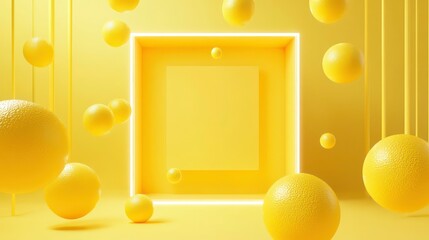 Aufkleber - Minimalist yellow background with glowing square frame and floating spheres.