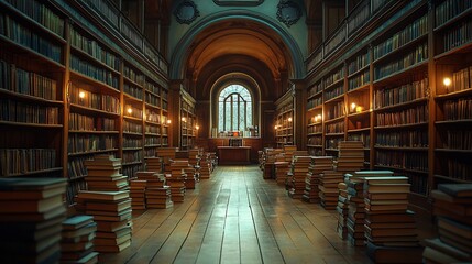 Poster - Elegant library setup for World Book Day featuring neatly arranged stacks of books on polished shelves warm lighting casting gentle shadows inspiring a love for literature in a serene environment