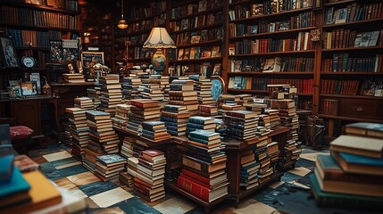 Poster - Elegant library setup for World Book Day featuring neatly arranged stacks of books on polished shelves warm lighting casting gentle shadows inspiring a love for literature in a serene environment